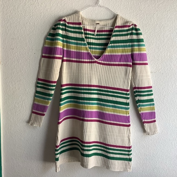 Free People Gidget Sweater Dress Puff L-sleeve Sz XS Color Ivory Combo SMRP $148 - Picture 4 of 10